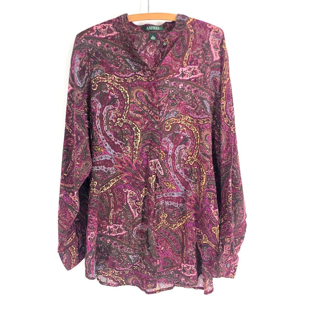 Lauren Ralph Lauren Top Gauzy Patterned Button Down Blouse Sz XL